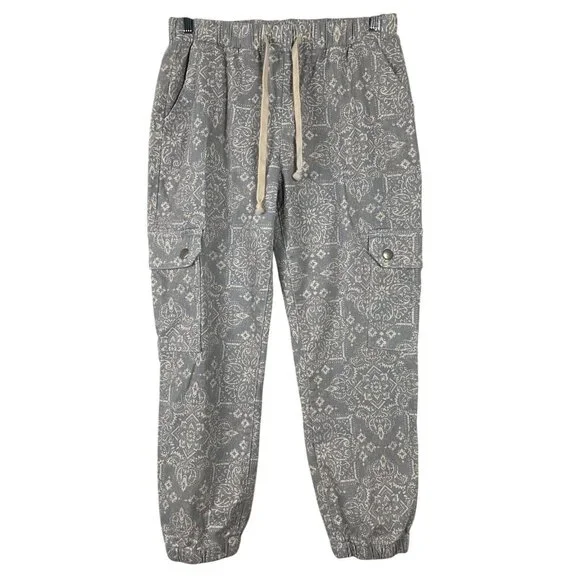 Light Bluish Gray Paisley Cargo Jogger Pants With Elastic Waist & Drawstring - Picture 1 of 9